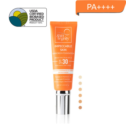 Suntegrity Impeccable Skin - New Tube with product color option chips - CC Cream, SPF 30, Zinc Oxide. The logo indicates that this is a USDA Certified BioBased Product at 92%. Now rated PA++++ following ISO 24442 testing.