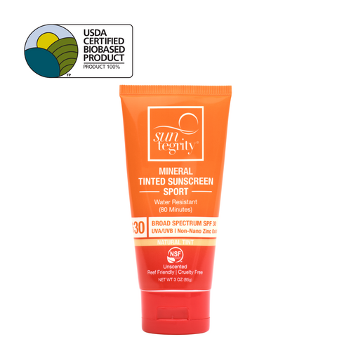 This is the thumbnail image of Suntegrity Sport Mineral Tinted Body Sunscreen. Broad Spectrum SPF 30 and 80 minute water resistant. This product is naturally tinted using iron oxides. The logo indicates that this is USDA Certified BioPreferred Product 100%.