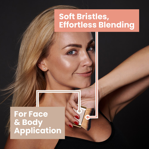 Lifestyle image of model with Kabuki Body brush for face & body product application. Soft bristles result in effortless blending.