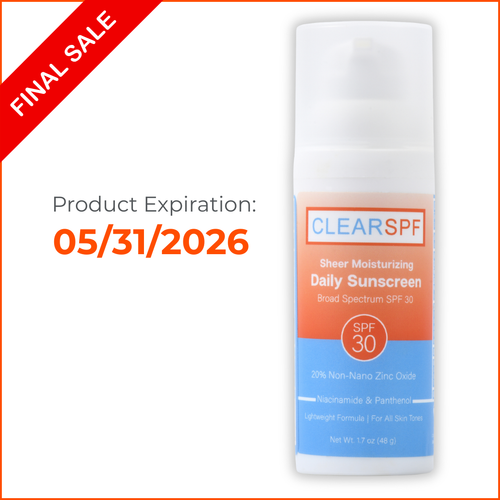 This is a product image of the ClearSPF Sheer Moisturizing Daily Sunscreen. Broad Spectrum SPF 30 protection powered by 20% non-nano Zinc Oxide.