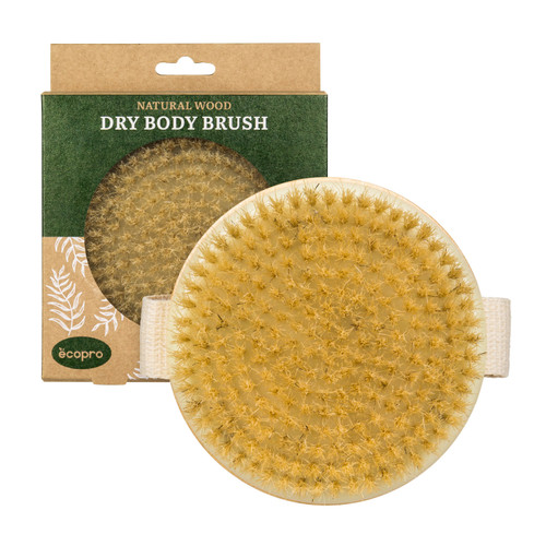 Image of the Natural Wood Dry Body Brush and front packaging.