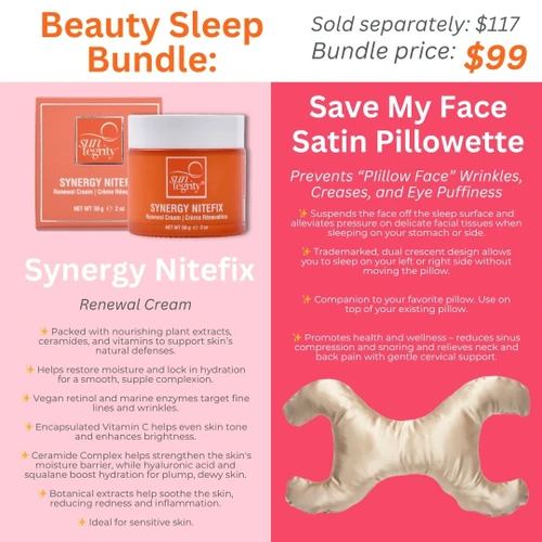 This image is a card showing the Beauty Sleep Bundle which has an MSRP of $117 and is bundle priced at $99. There are sections on the card to show the key features of each product as taken from the descriptions on the individual product pages. If you have any questions, contact our customer care and they will be happy to answer them.