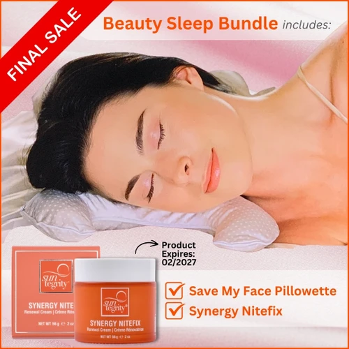 This is the main image for the new Beauty Sleep Bundle Set. It includes Synergy Nitefix Moisturizer and Save My Face Satin Pillowette. Please note: Synergy Nitefix expires 02/2027.