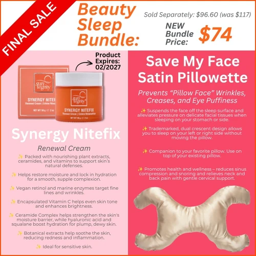 This image is a card showing the Beauty Sleep Bundle which sold separately is $96.60 and was $117, and is bundle priced at $74. There are sections on the card to show the key features of each product as taken from the descriptions on the individual product pages. If you have any questions, contact our customer care and they will be happy to answer them. Please note: Synergy Nitefix expires 02/2027.