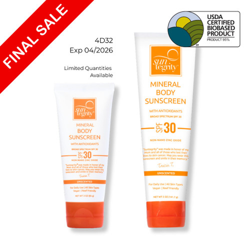 This is the thumbnail image for our Unscented Mineral Body Sunscreen available in 3oz or 5oz sizes. This product is now a USDA Certified Biobased Product - 95%.  FINAL SALE - Lot 4D32, Expire 04/30/2026. This is the thumbnail image for our Unscented Mineral Body Sunscreen available in 3oz or 5oz sizes. This product is now a USDA Certified Biobased Product - 95%.  FINAL SALE - Lot 4D32, Expire 04/30/2026.