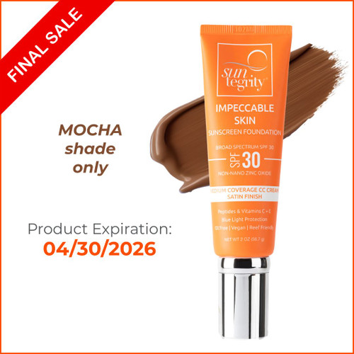 Suntegrity Impeccable Skin Tube with swatch and banner - FINAL SALE Mocha Shade only. Product expiration 04/30/2026.
