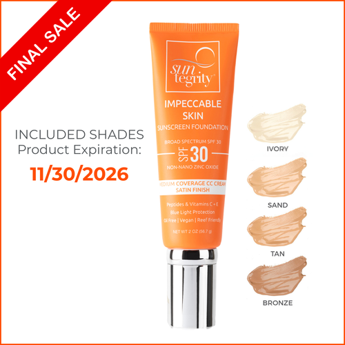 Suntegrity Impeccable Skin Final Sale with option swatches  for Ivory, Sand, Tan and Bronze - all with 11/30/2026 expiration dates.