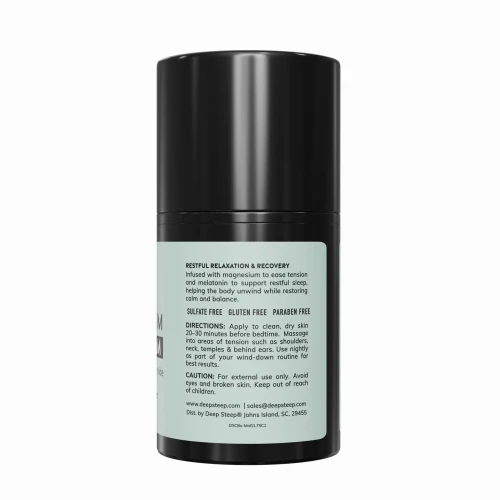 Image of the back of the bottle of Deep Steep Magnesium Sleep Cream - Melatonin/Muscle Relief Lotion