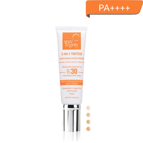 This an image of the Suntegrity 5-in-1 Tinted Sunscreen Moisturizer in its 2oz packaging.  Now rated PA++++ following ISO 24442 testing. Currently undergoing updated BioPreferred Testing.