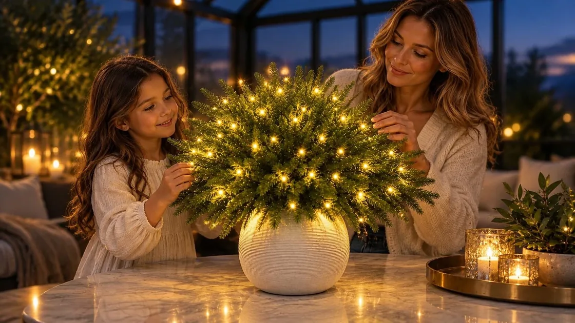 A mother and daughter admiring a glowing bowl of twinkling branches at the dinner table