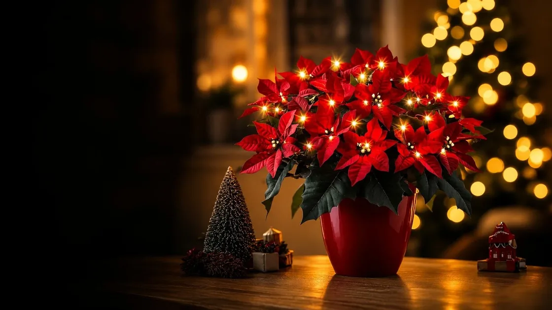 A lit red poinsettia in a glossy red pot on a wooden table, with a Christmas tree glowing behind it