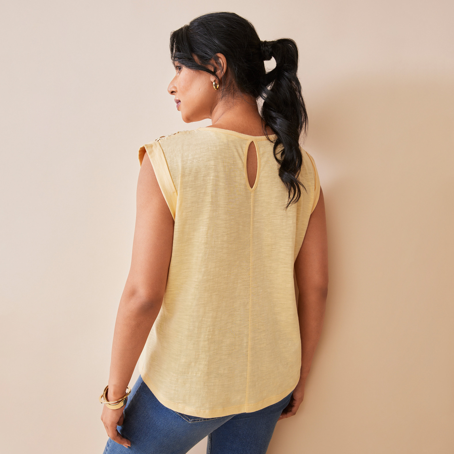 Lace Trim Capped Sleeve Tee Back View