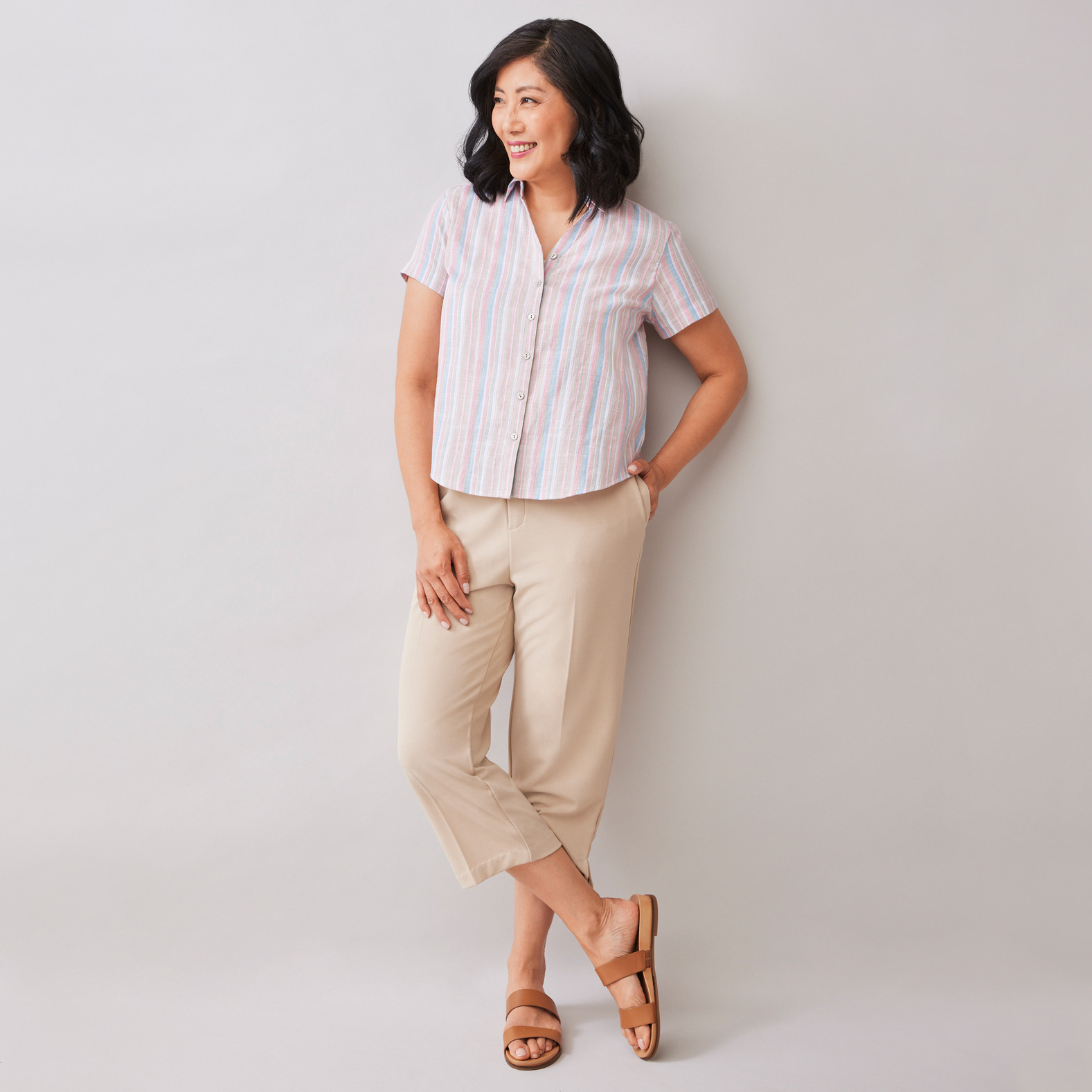 Petite - Collared Striped Shirt Full Body