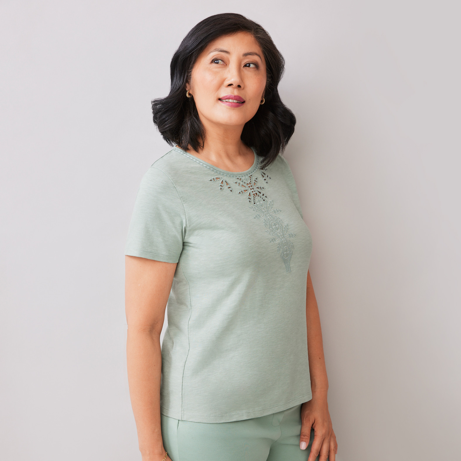 Petite - Eyelet Pattern Knit Tee Side View