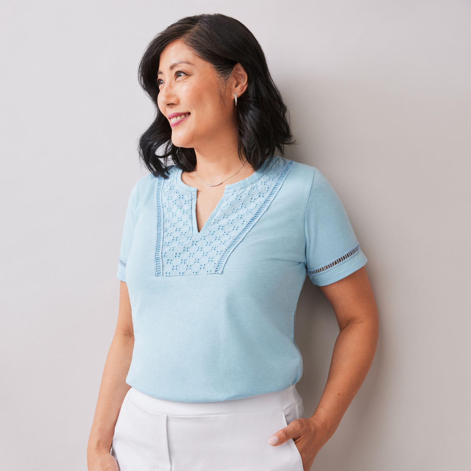 Petite - Lace Trim Tee Half Body Tucked