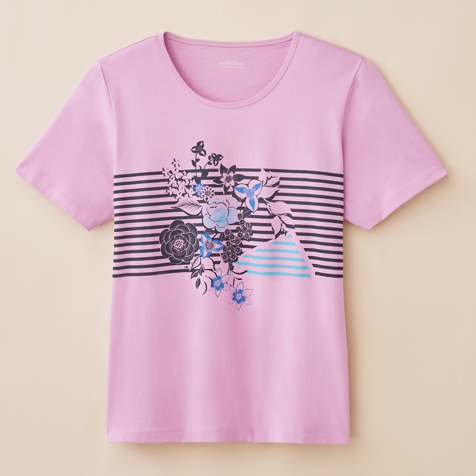 Petite - Striped Floral Relaxed Fit Tee