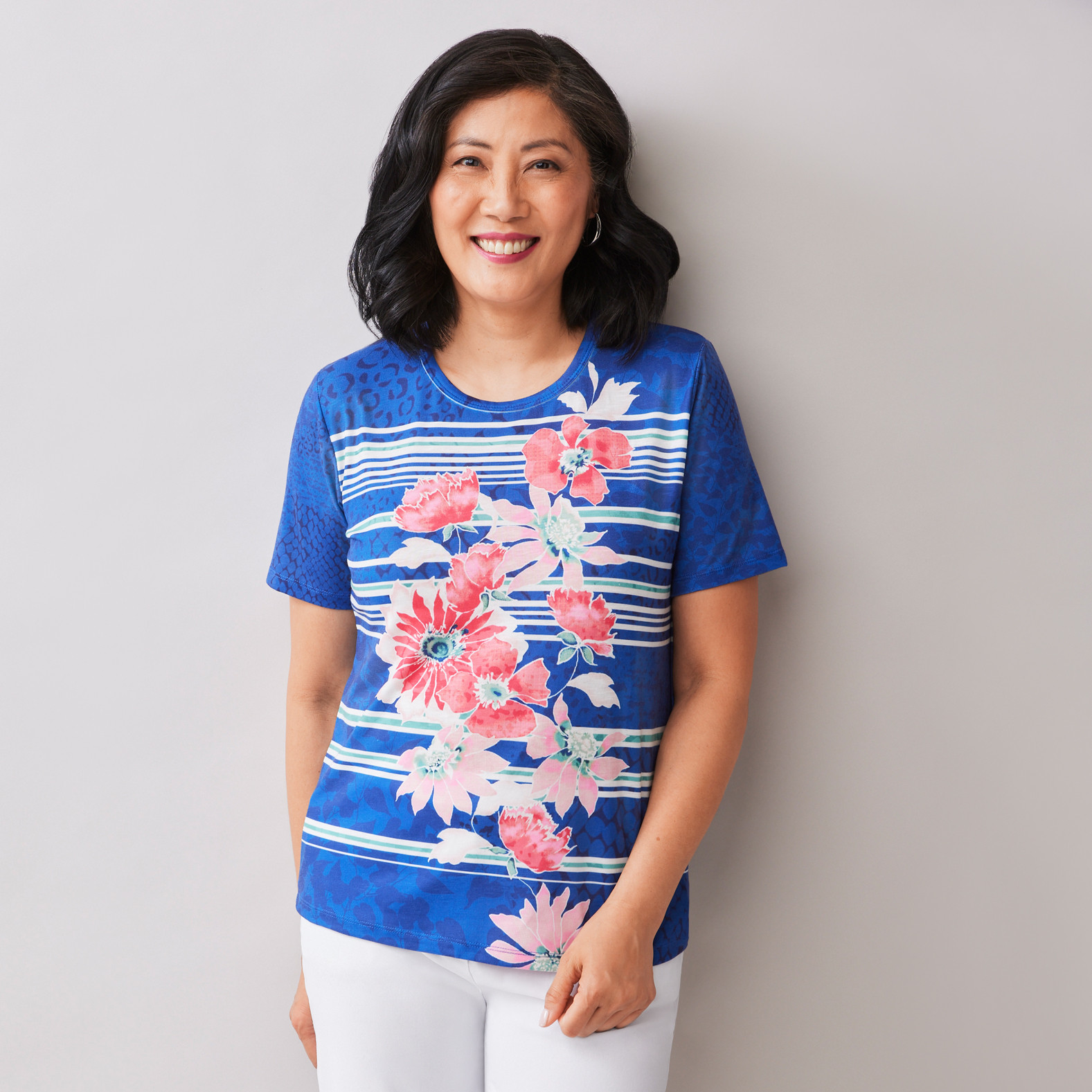 Petite - Striped Floral Sublimation Tee