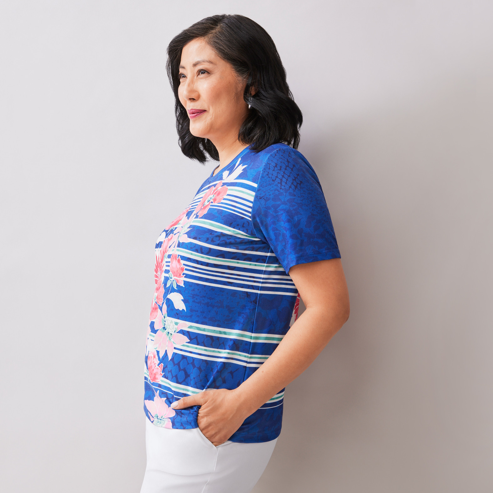 Petite - Striped Floral Sublimation Tee Side View