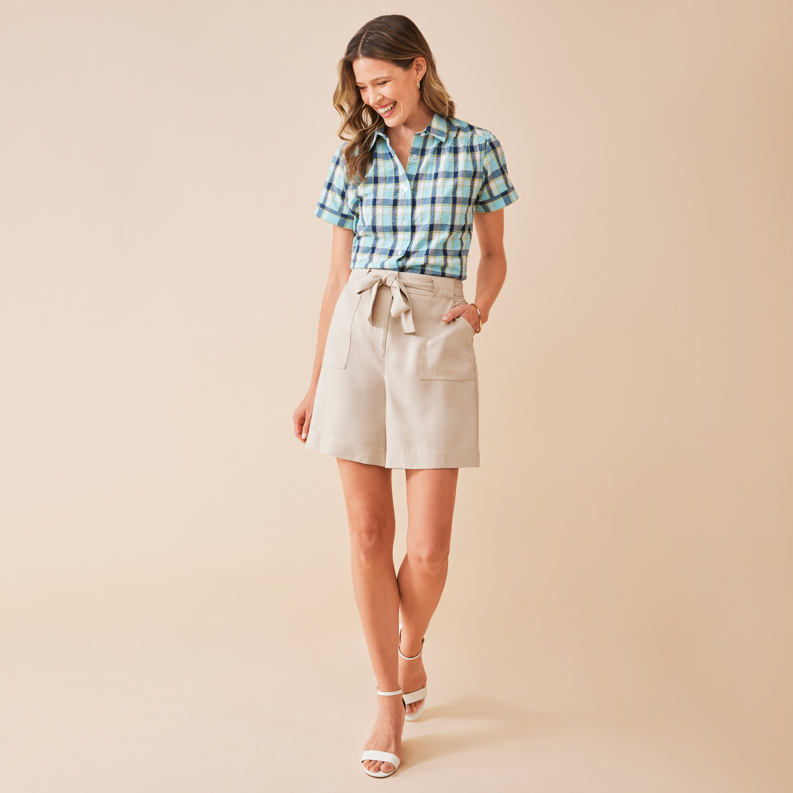 Cotton Plaid Shirt Full Body Tucked