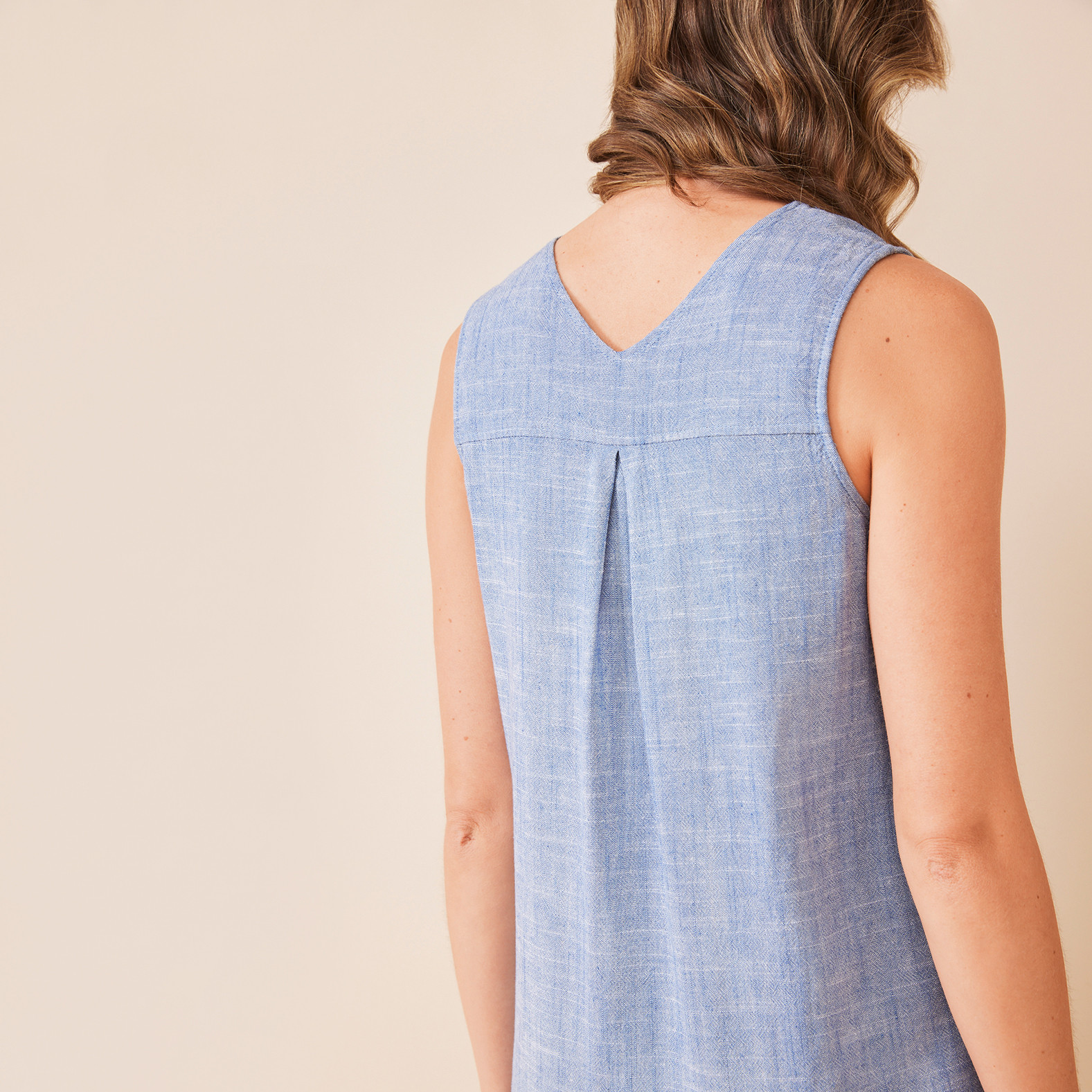 Sleeveless V Neck Dress with Side Button Back View Close Up