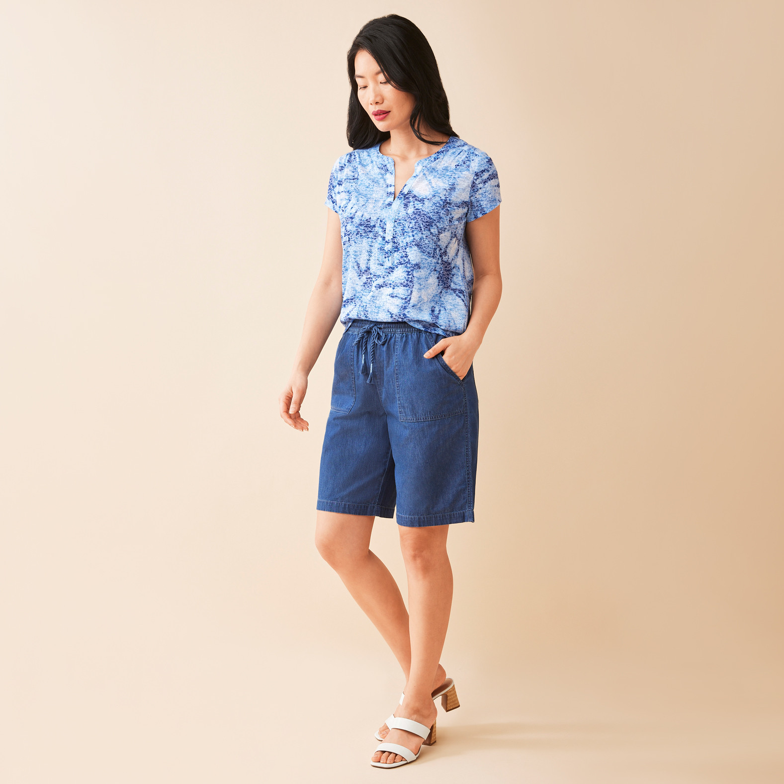 Chambray Drawstring Shorts Full Body