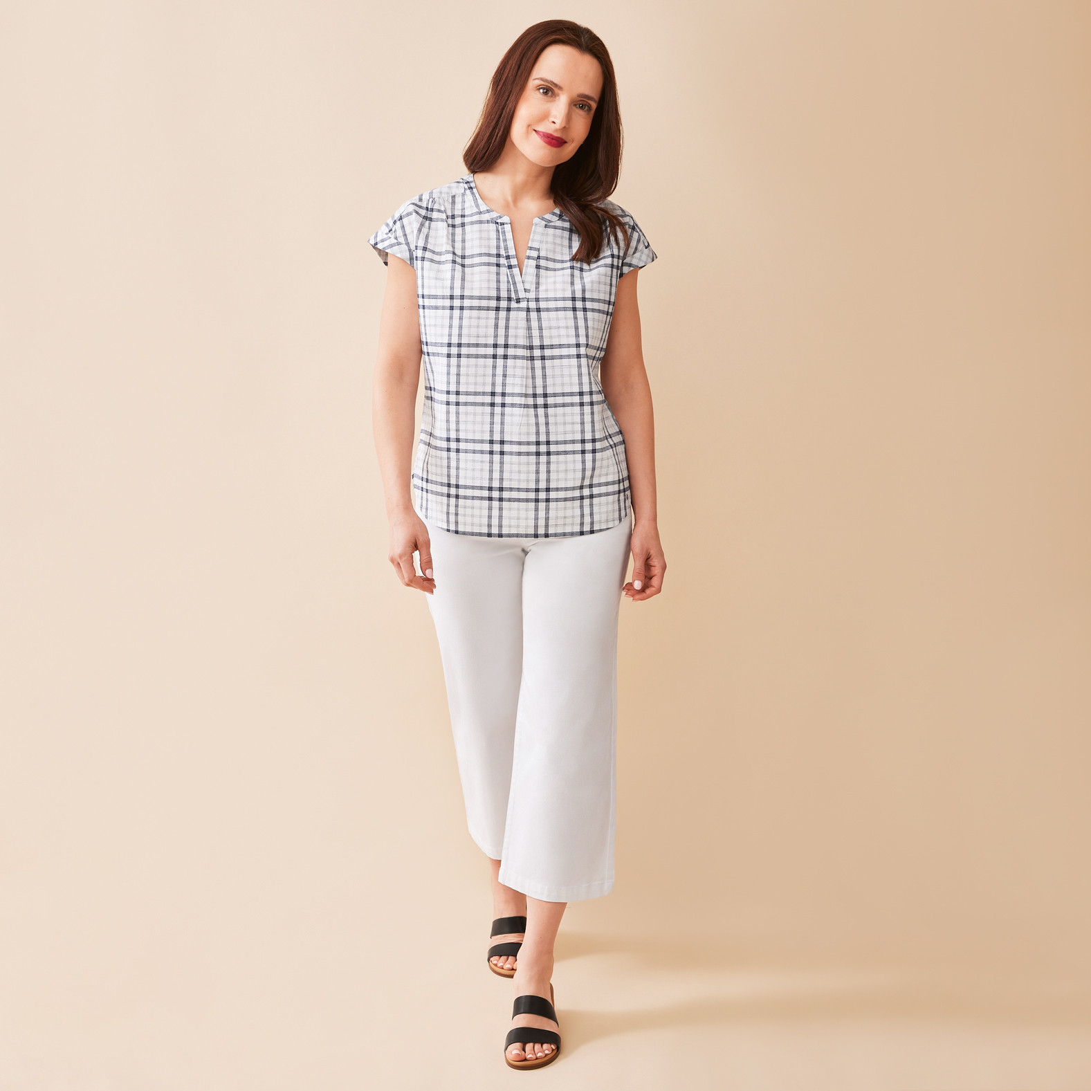 Cuffed Sleeve Plaid Top Full Body