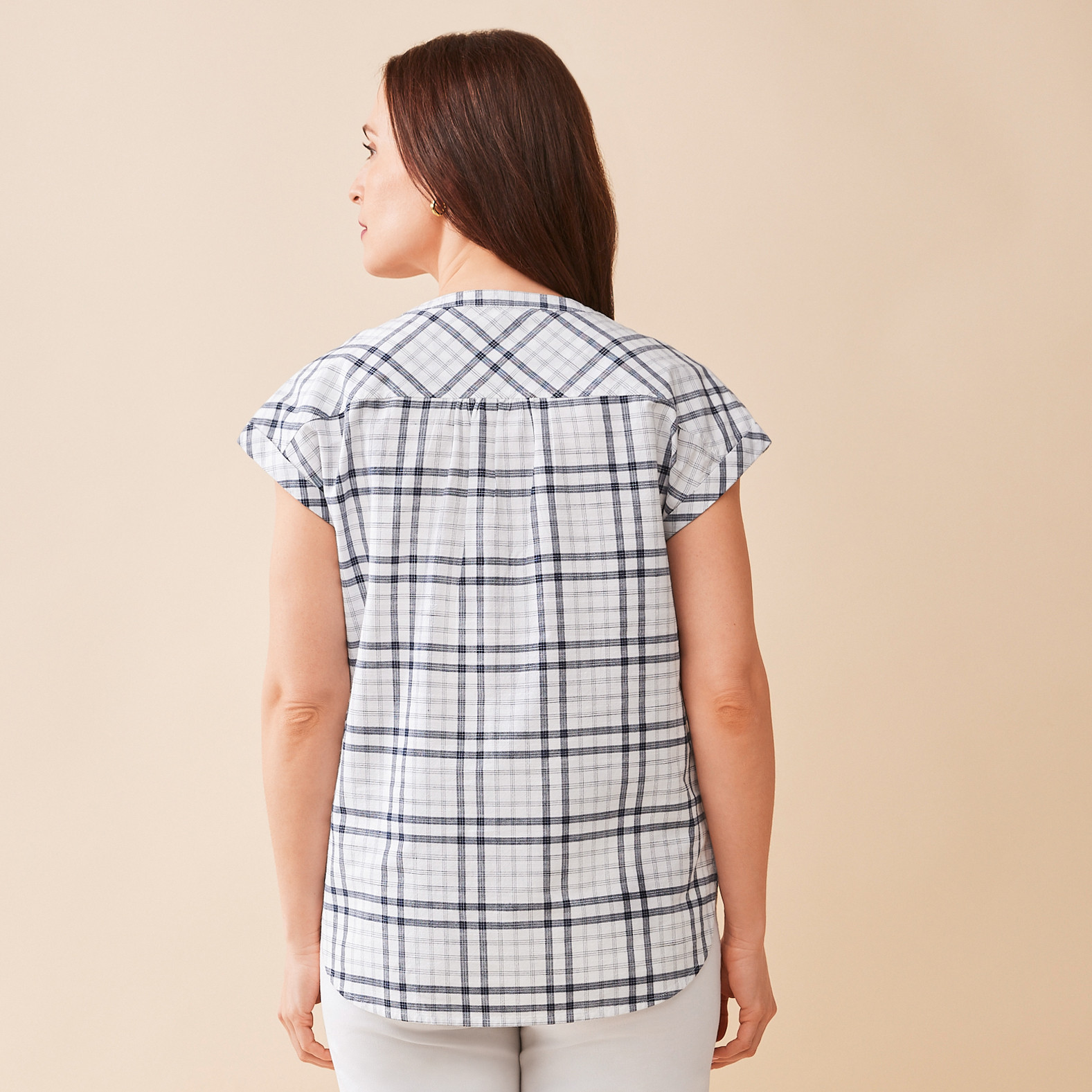 Cuffed Sleeve Plaid Top Back View