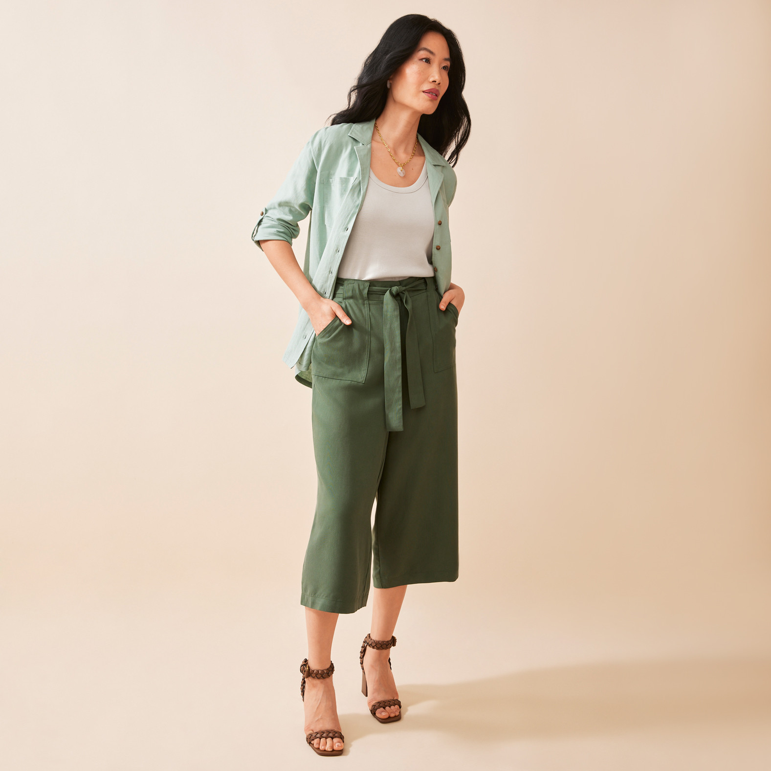 Tie Belt Wide Leg Crop Pant