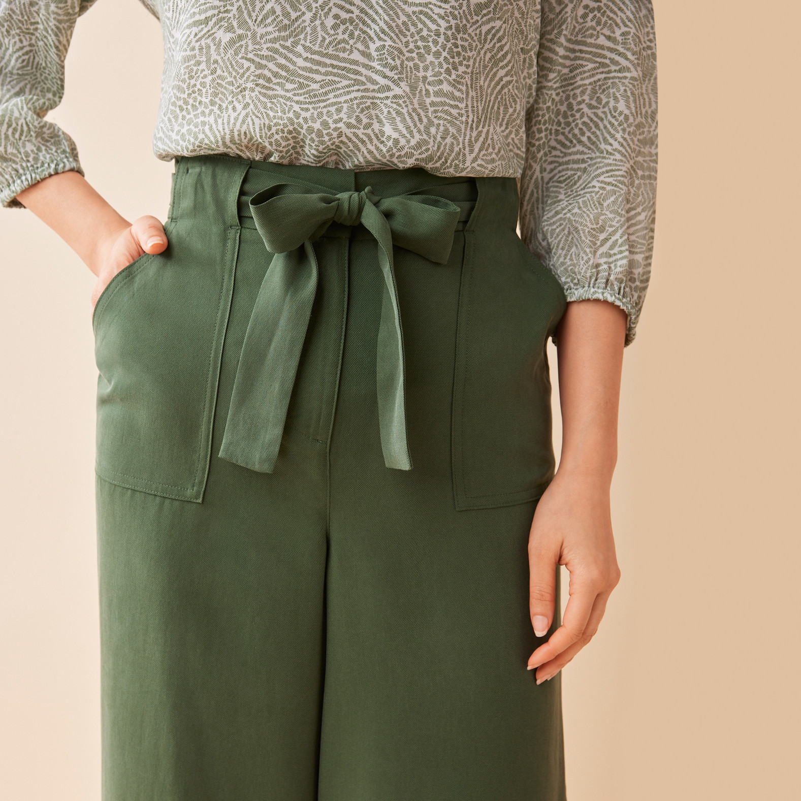 Tie Belt Wide Leg Crop Pant Close Up - Dark Fern