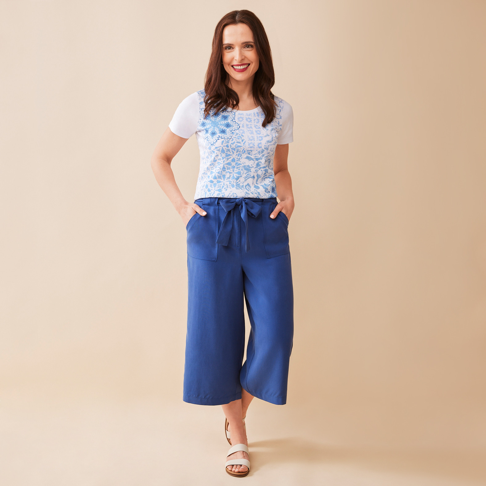 Tie Belt Wide Leg Crop Pant - Night Sky Blue