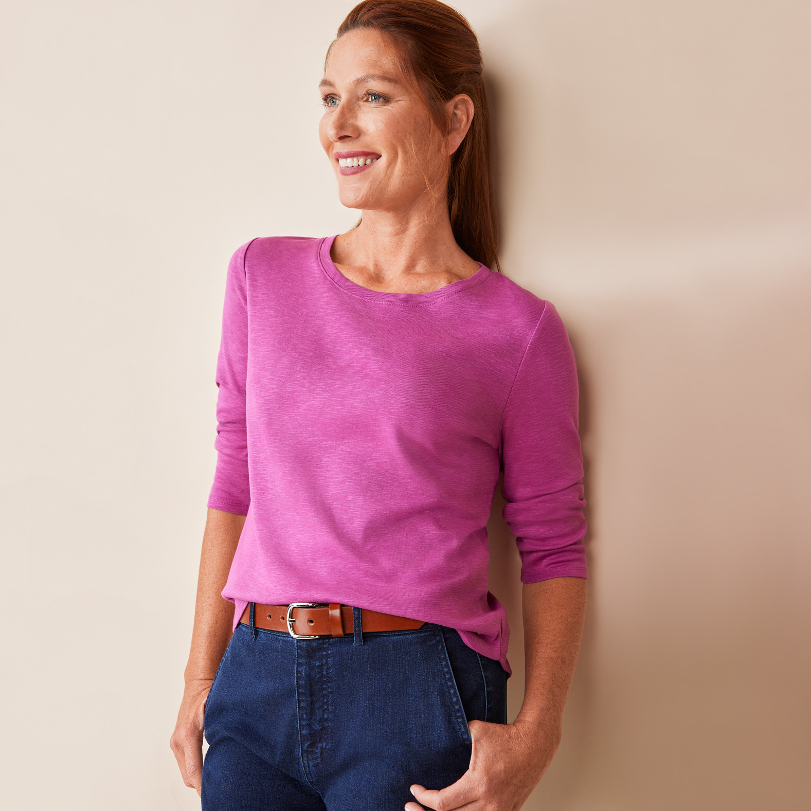 3/4 Sleeve Cotton Slub Tee-Half Body
