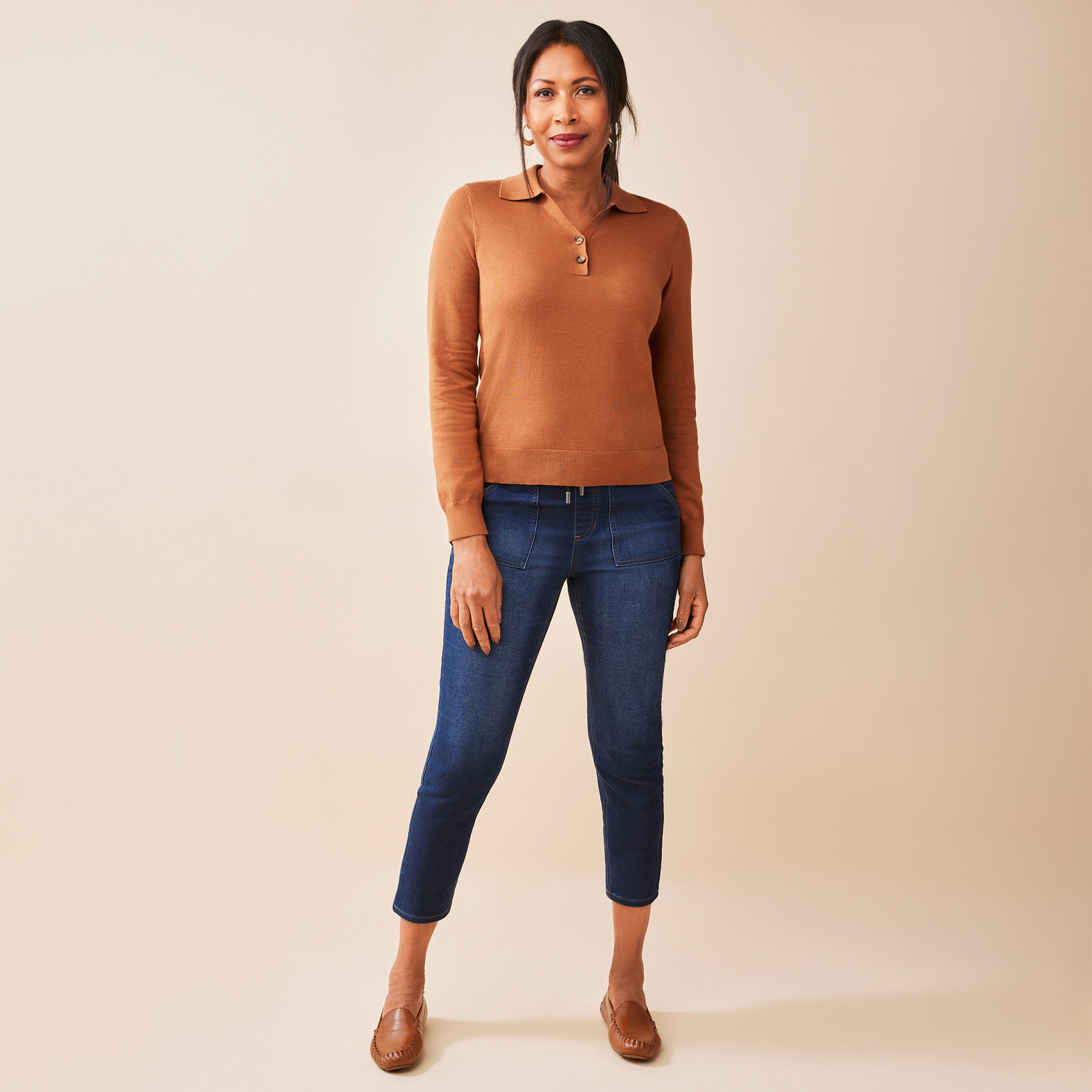 Johnny Collar Sweater with Buttons Honey Brown Full Body