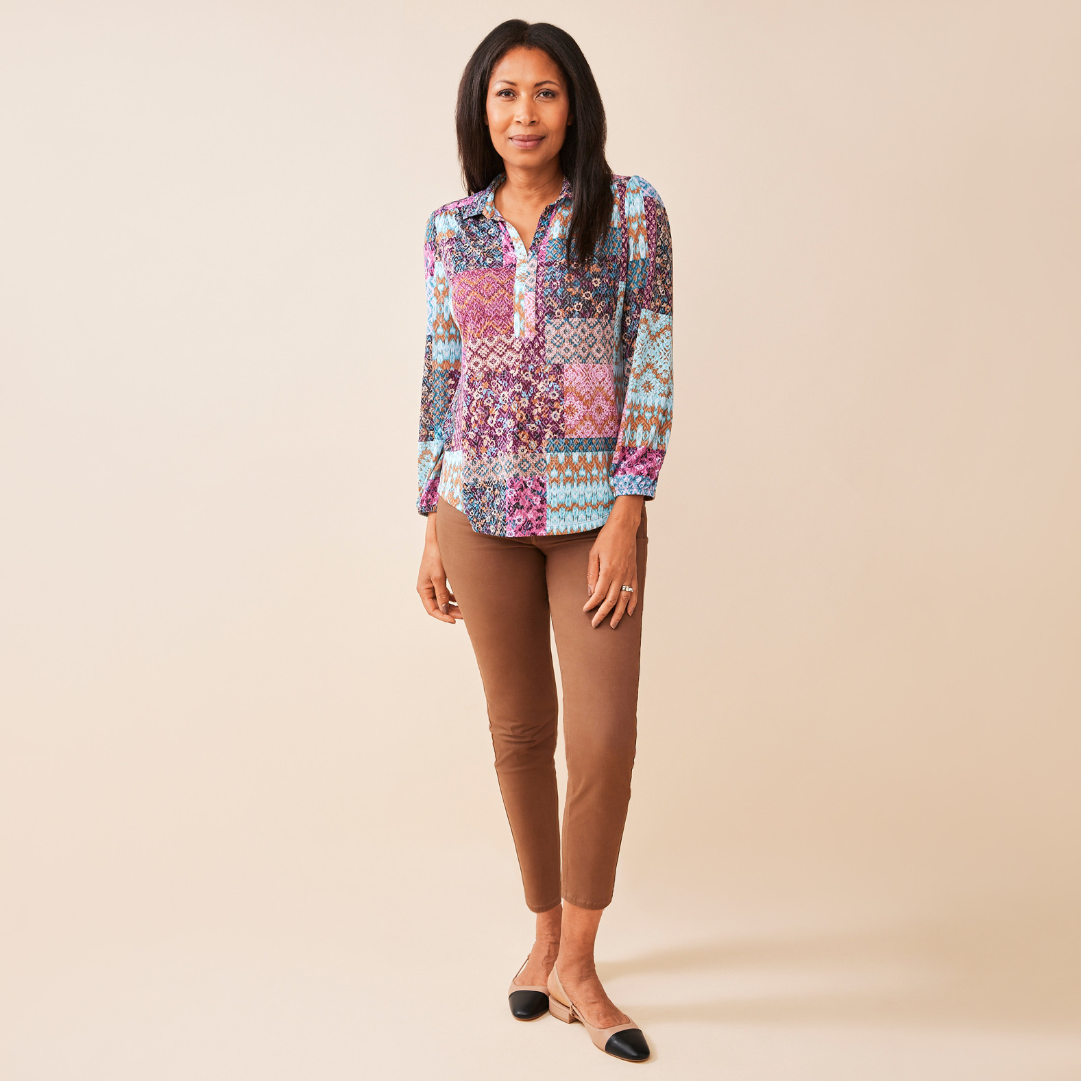 Patchwork Print Y-Neck Top Full Body