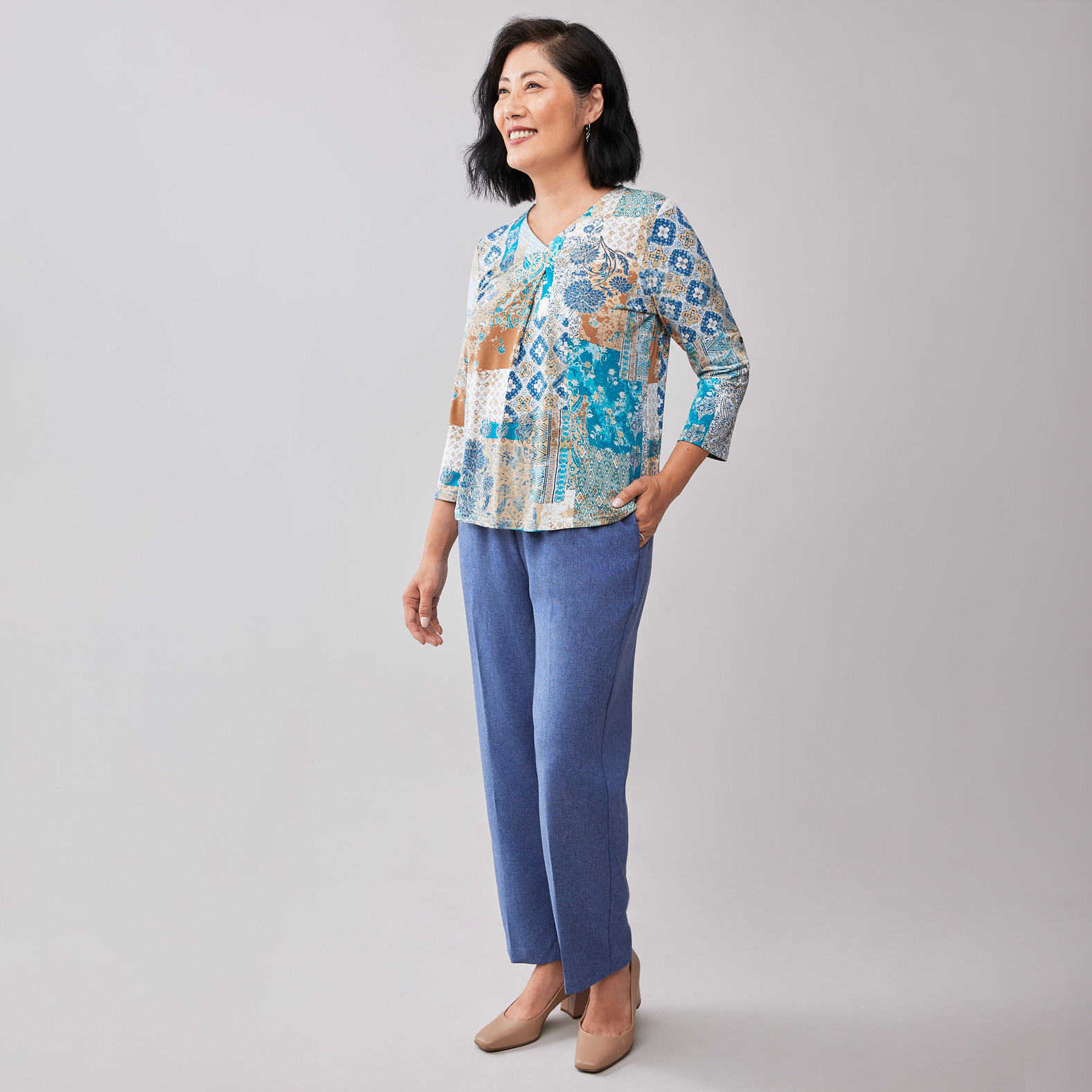 Petite - Front Pleat Roll Tab Top Full Body