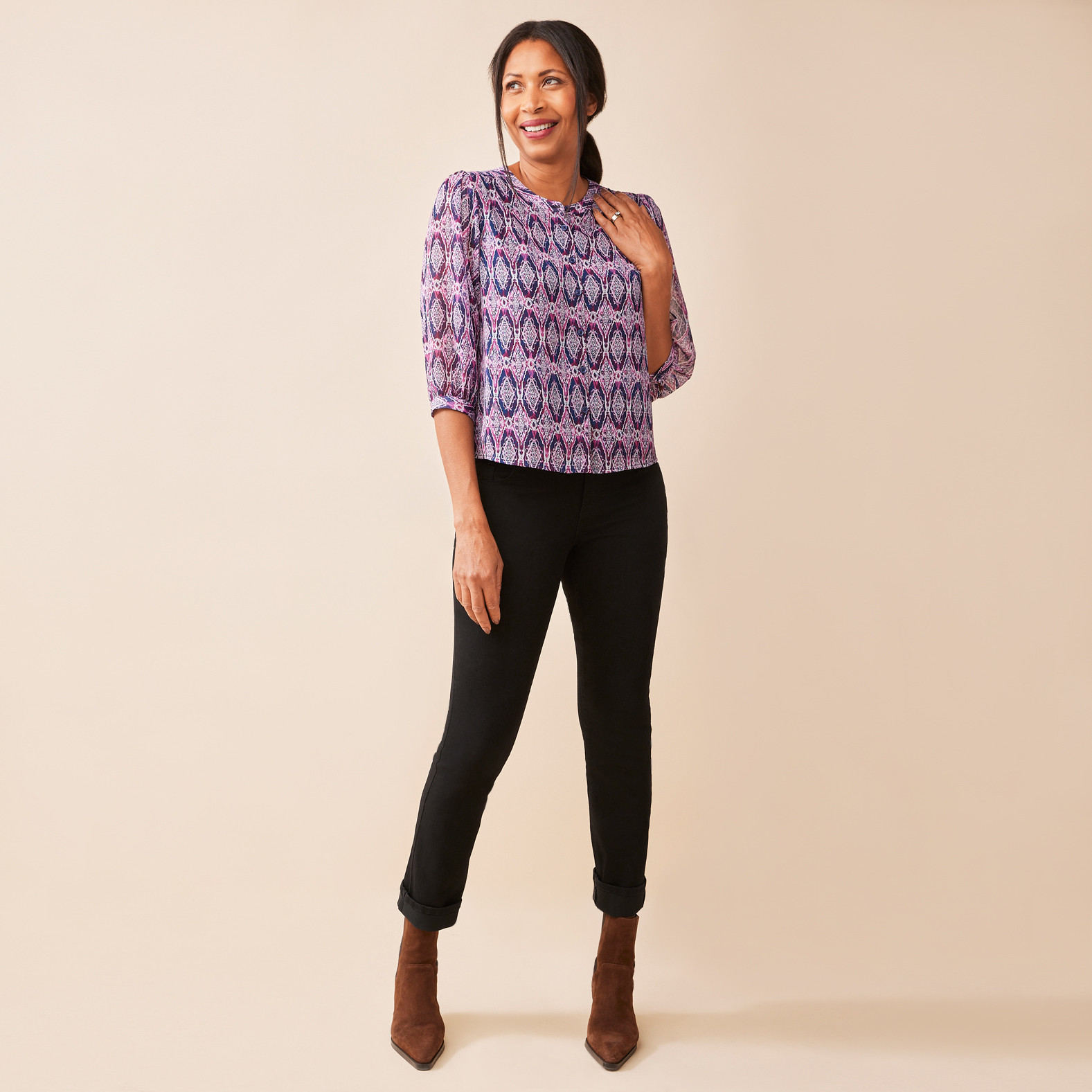 Petite - Round Neck Button Front Shirt Full Body