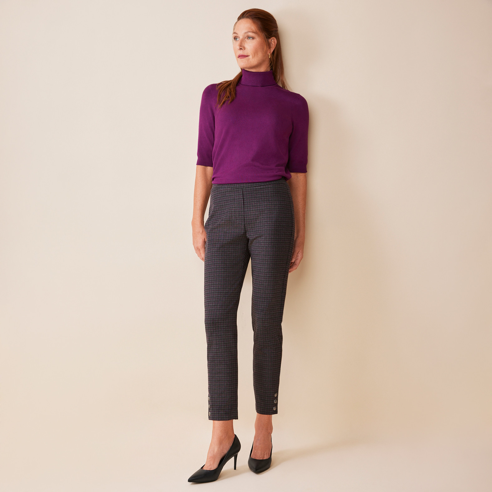 Plaid Comfort Pants with Snap Detail- Full Body