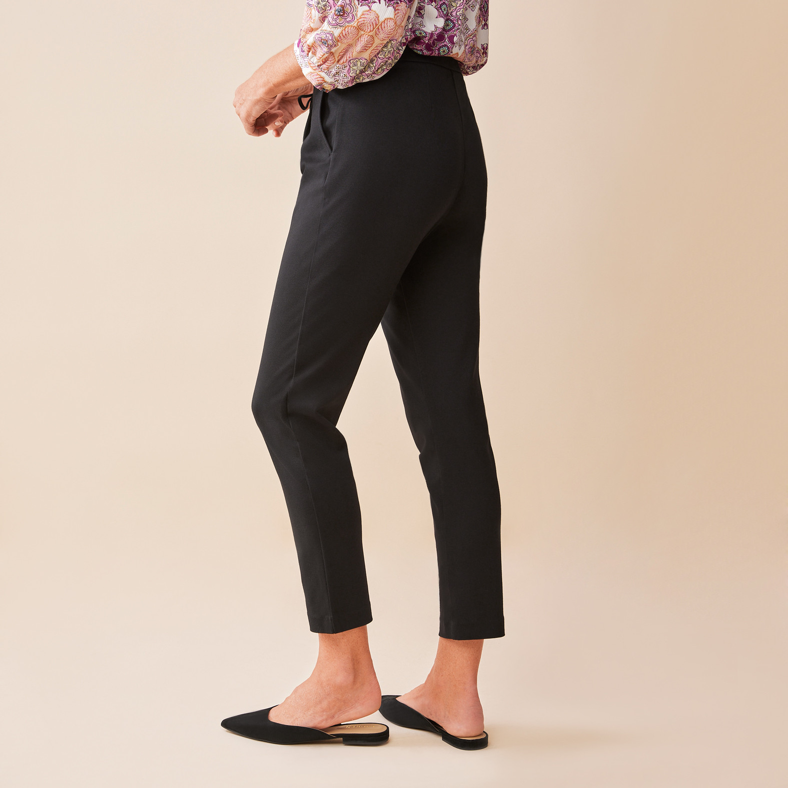 Pleated Ponte Pant with Drawstring Black Back View