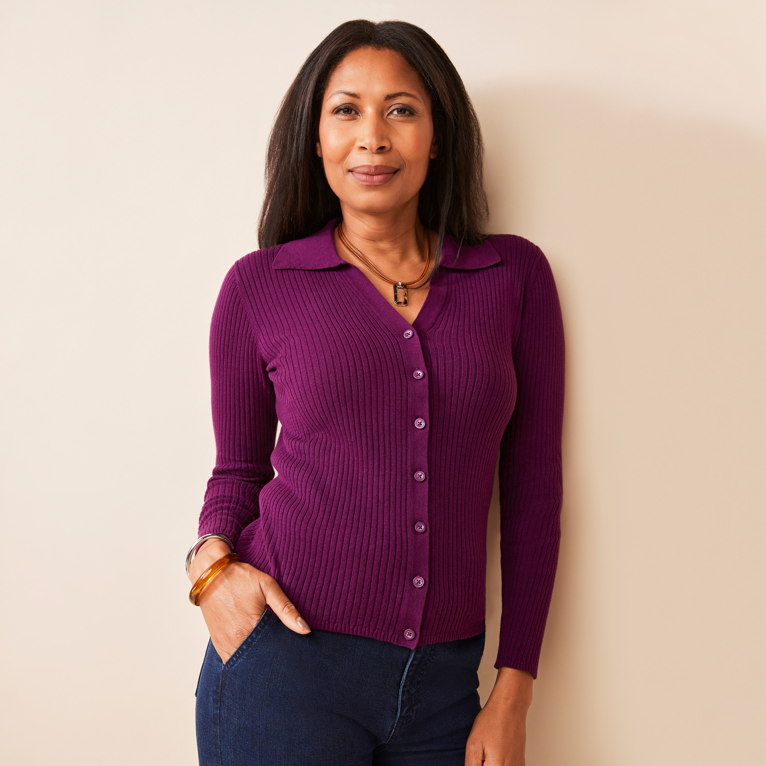 Ribbed Johnny Collar Button Up Sweater