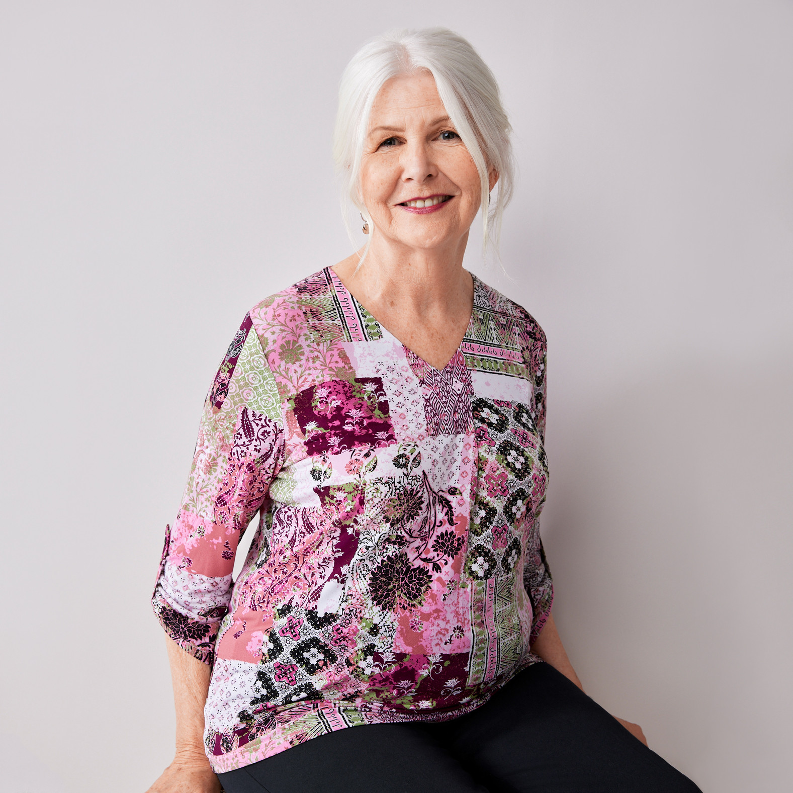 Rolltab Patchwork Print Top Half Body
