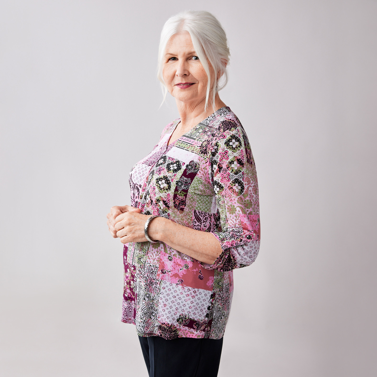 Rolltab Patchwork Print Top Side View