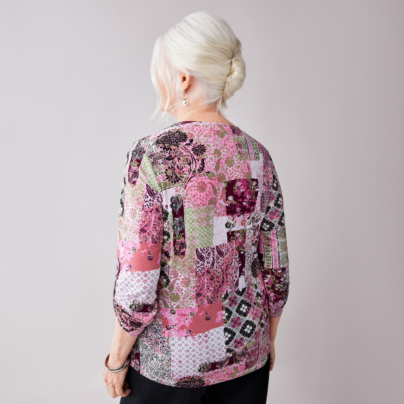 Rolltab Patchwork Print Top Back View
