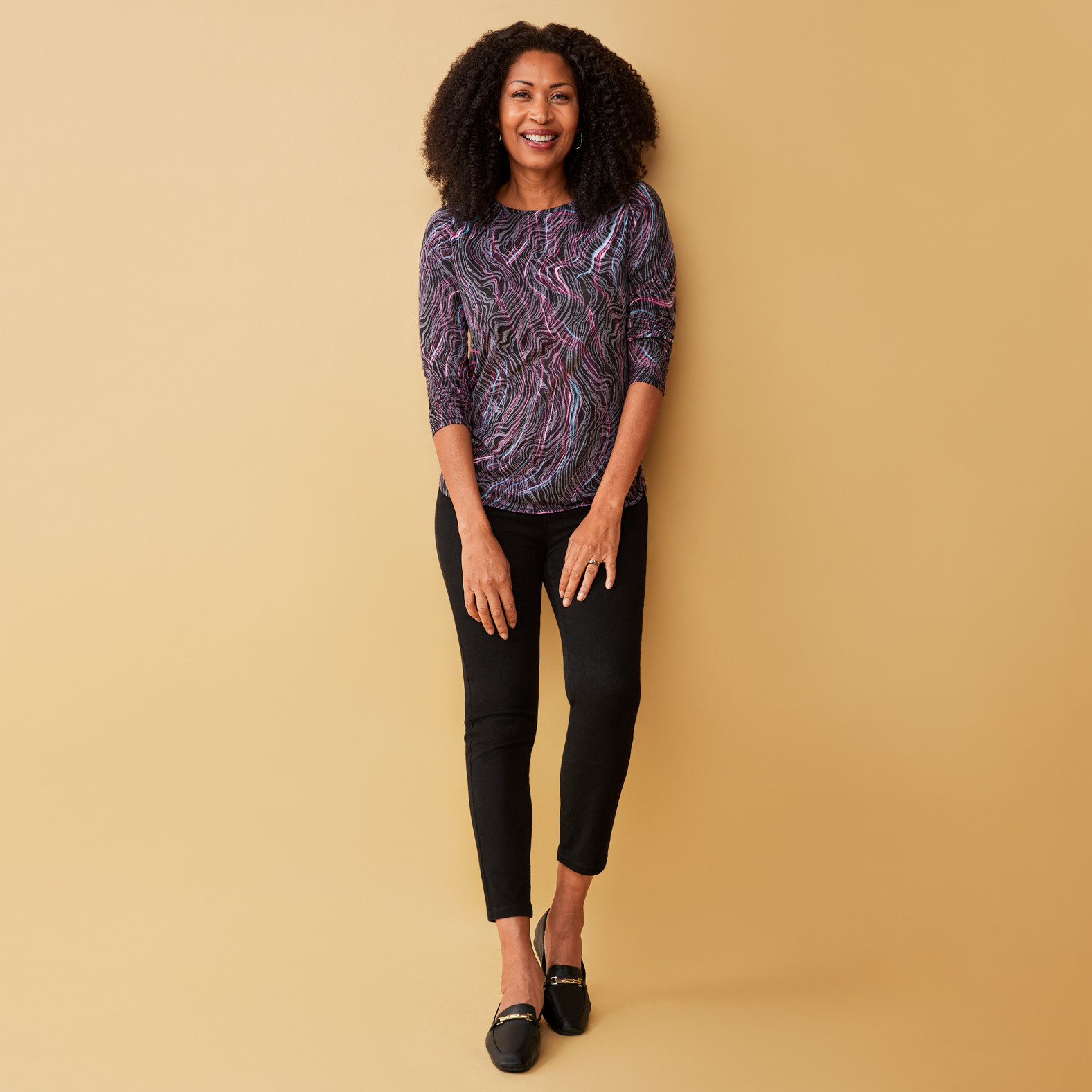 Long Sleeve Boatneck Printed Top - full body