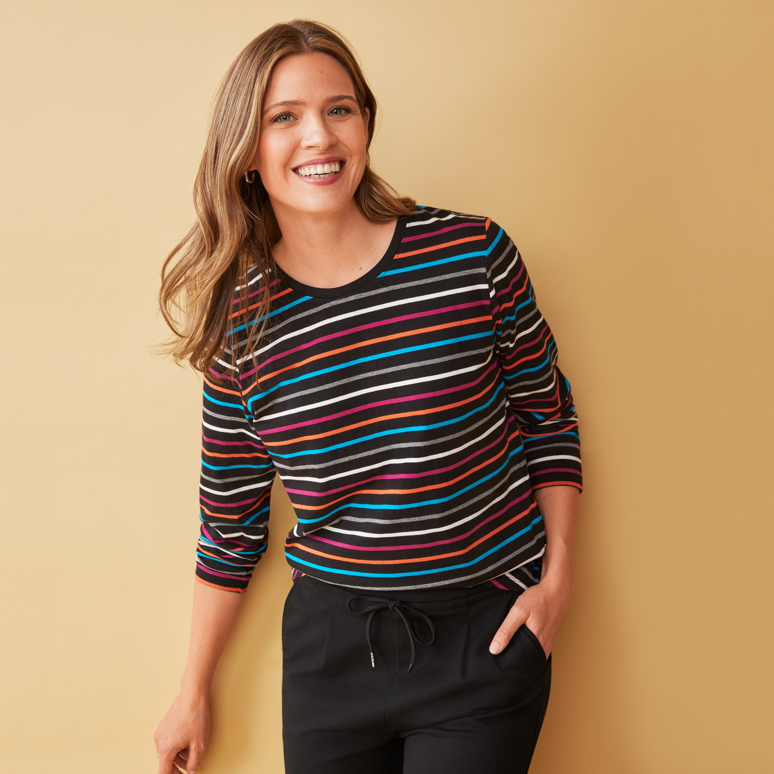 Women`s Long Sleeve Semi Fit Striped Tee