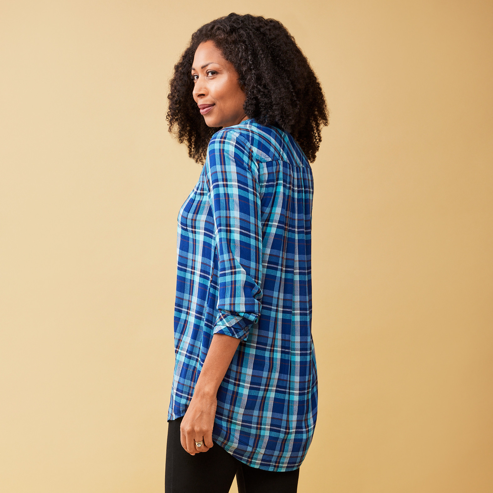 Crinkle Plaid Tunic Shirt - Blue Backview