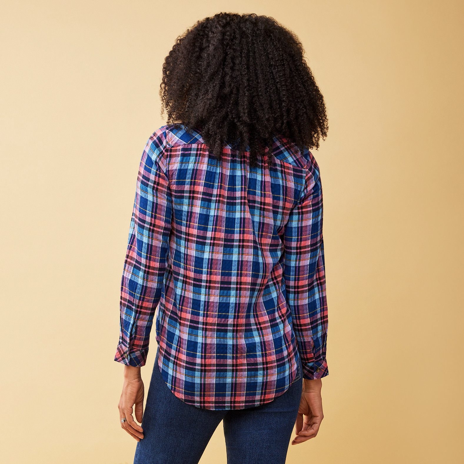Women's Long Sleeve Relaxed Plaid Shirt-Back View