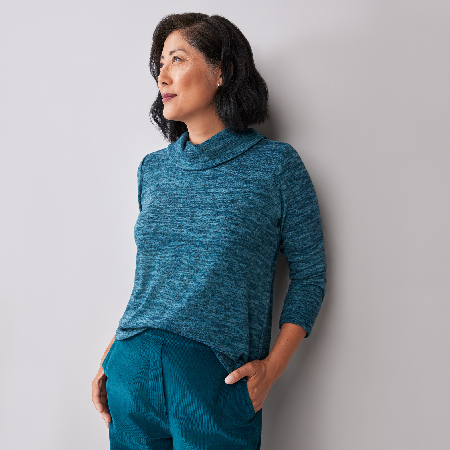 Women's Cowl Neck Button Sleeve Knit Top