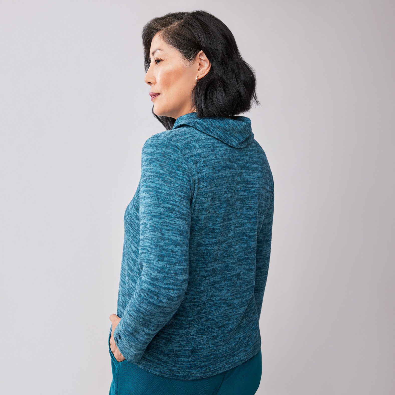 Women's Cowl Neck Button Sleeve Knit Top-Back View