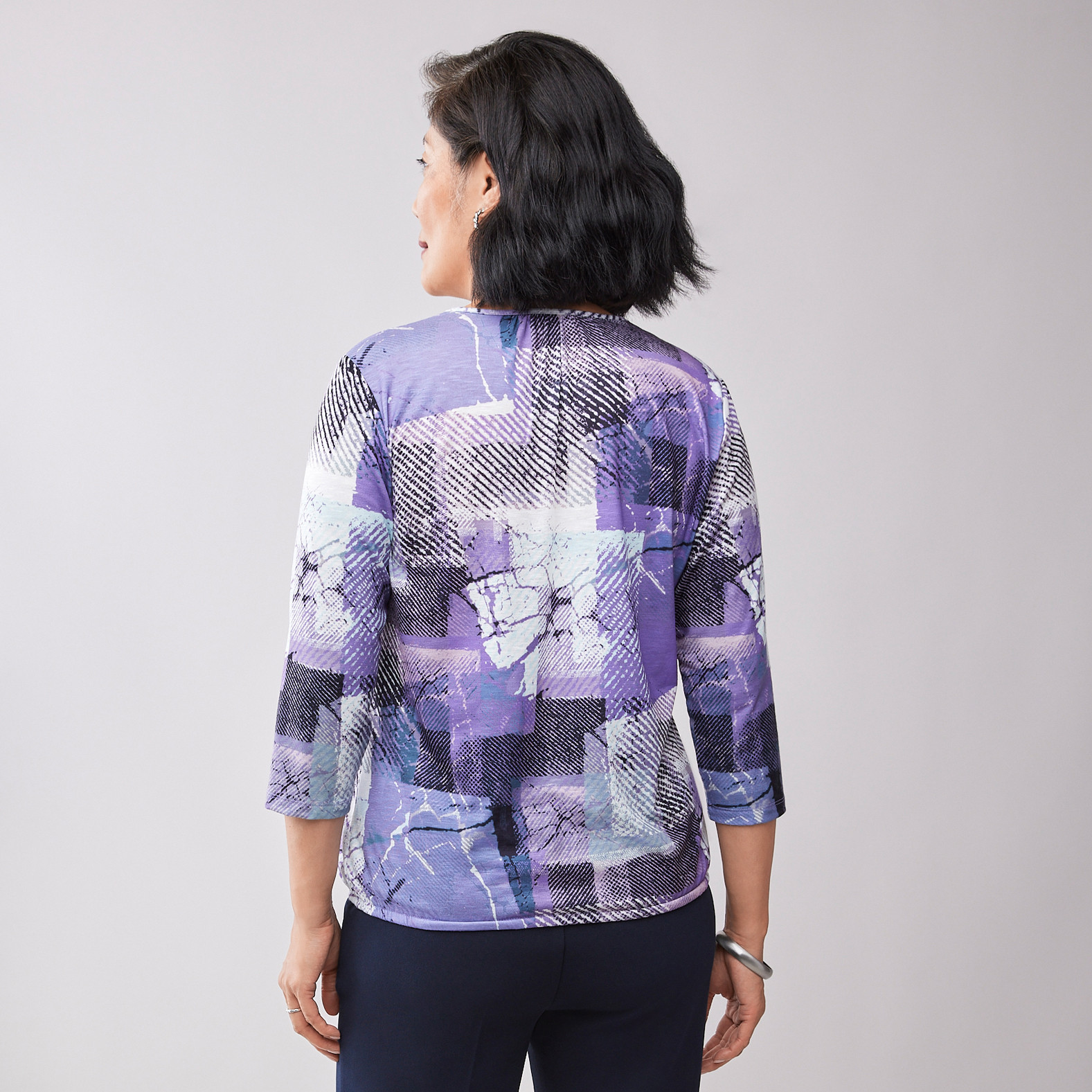 Women's Petite  Elastic Hem Printed Top-Back View