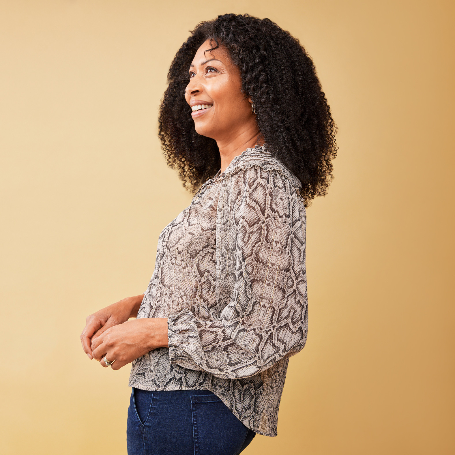 Women's Ruffle Neck Printed Blouse -Side View