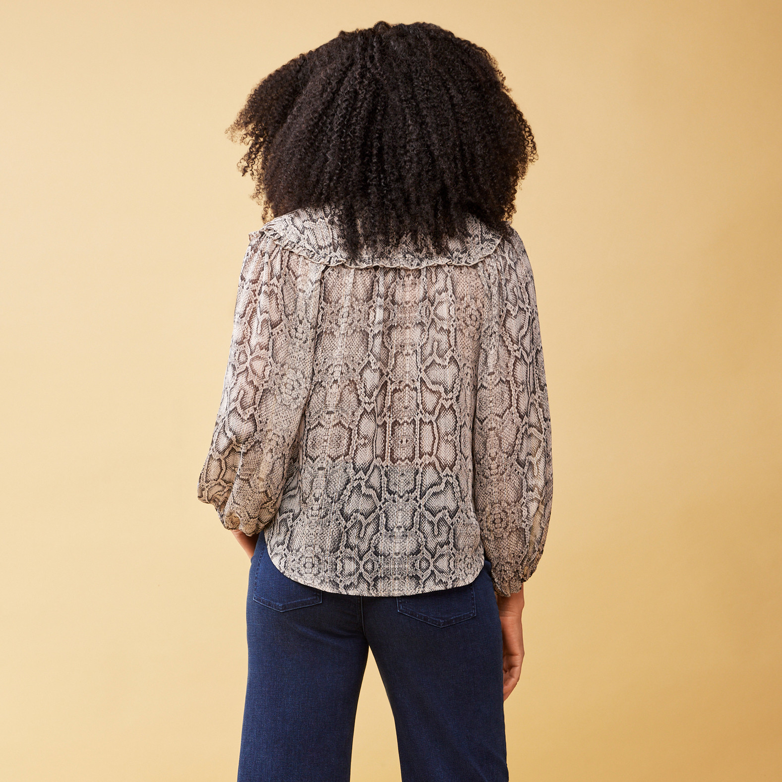 Women's Ruffle Neck Printed Blouse Back View